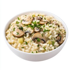 A bowl of creamy mushroom and leek risotto, isolated white background, minimalist art style