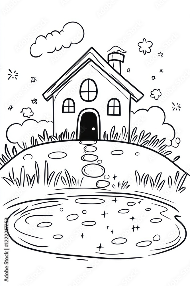 Poster a simple line drawing of a house with a pond in front of it.