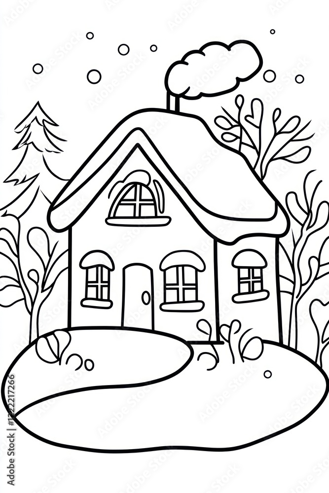 Poster a simple line drawing of a house with snow on the roof and smoke coming from the chimney. there are 