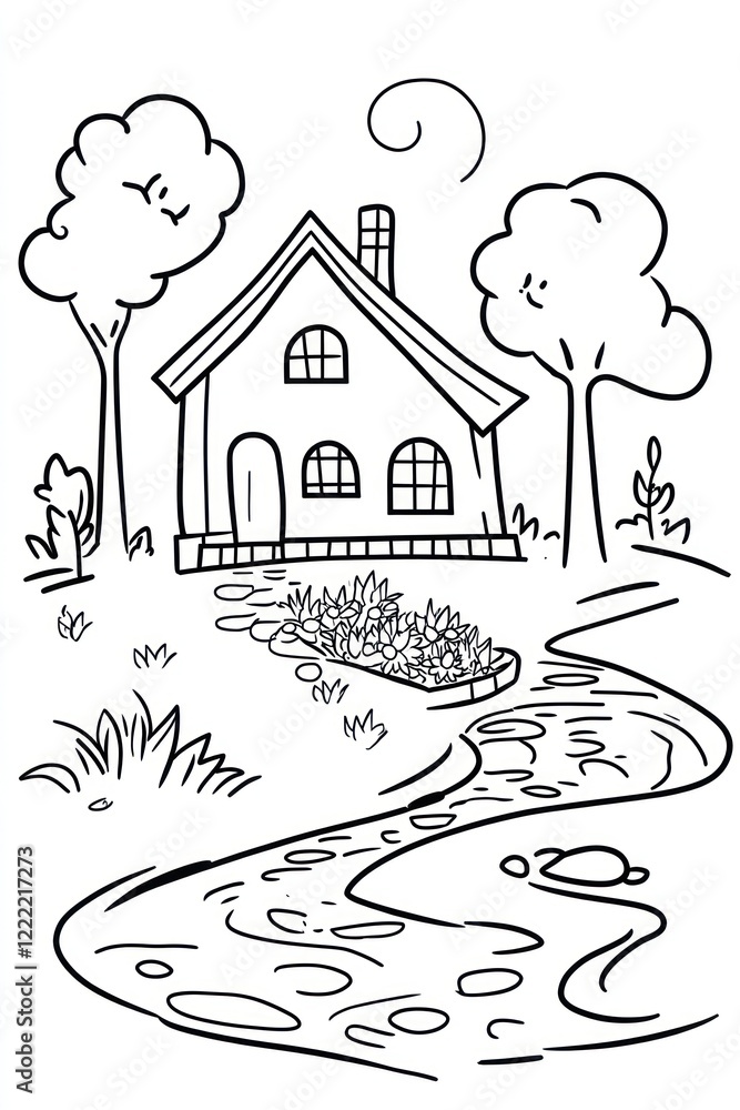 Poster a simple line drawing of a house with a path leading to it, surrounded by trees and a stream.