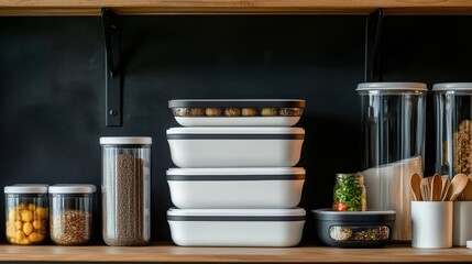 A set of stackable, modern food storage containers with airtight lids, neatly arranged on a kitchen shelf.