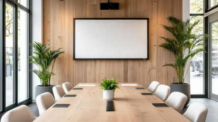 Modern conference room with wooden walls and plants, ideal for meetings