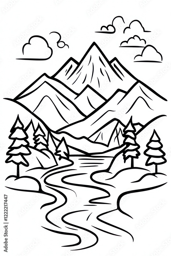 Poster a simple line drawing of a mountain range with a river flowing through the valley.