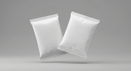 Two plain white snack packaging pouches floating against a neutral gray background, sealed with a minimalist design, ready for branding or product mockup.