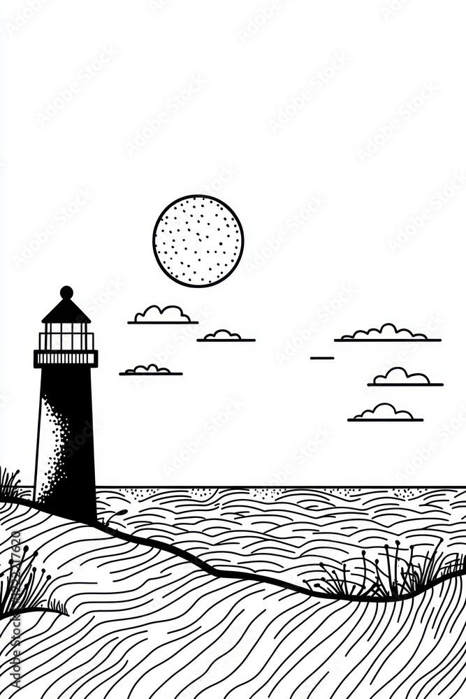 Poster a simple line drawing of a lighthouse on a sandy beach with a large full moon and clouds in the sky.