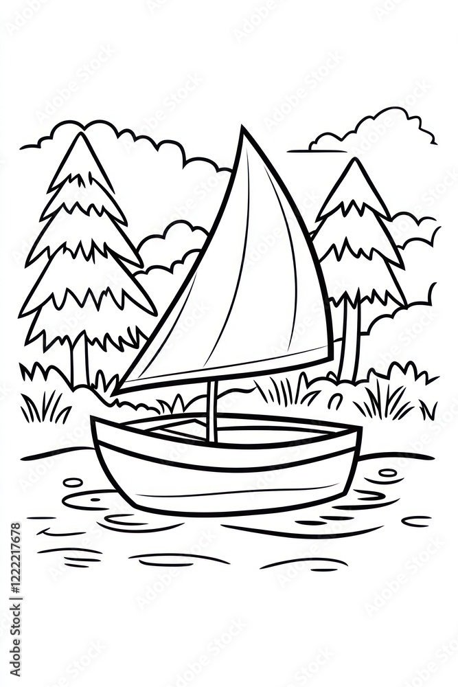 Poster a simple line drawing of a sailboat on a lake with two trees in the background.