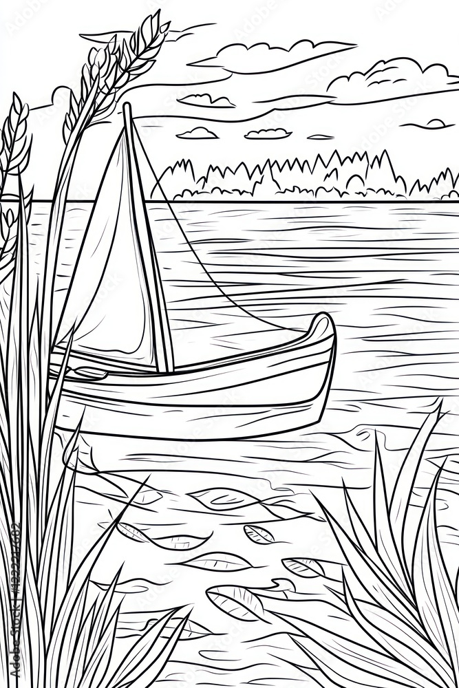 Poster a simple line drawing of a sailboat on a lake with tall grass in the foreground and a forest line in