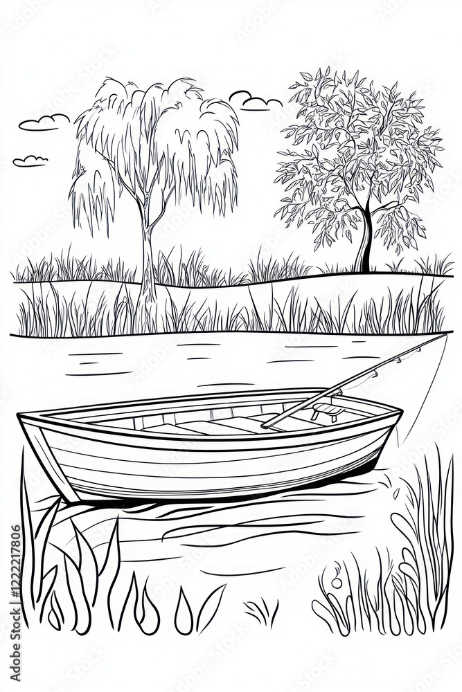 Poster a simple line drawing of a small rowboat tied to the shore of a lake with two trees in the backgroun