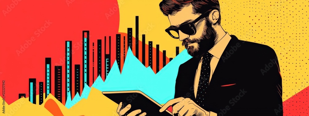 Poster businessman in sunglasses using tablet with colorful background and financial graphs for modern digi