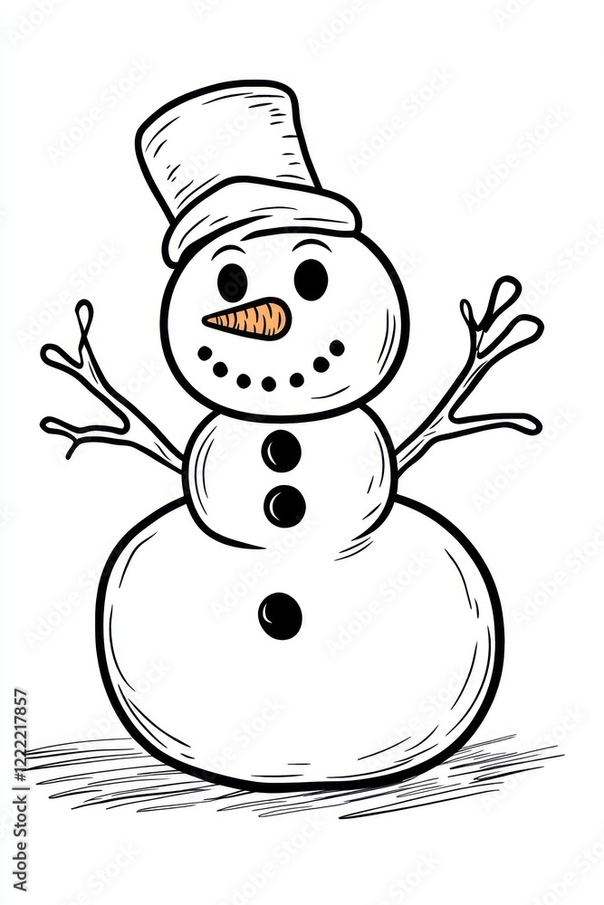 Poster a simple line drawing of a snowman with a carrot nose and a hat.