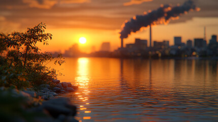 Smoke and pollution rising from a large coal power plant symbolizing climate change with a dead forest blurred in the background minimalistic bright tone modern aesthetic blank caption space on the si