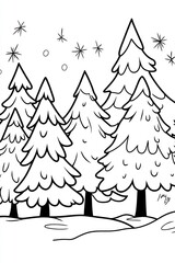 A simple line drawing of a snowy winter forest with five pine trees.