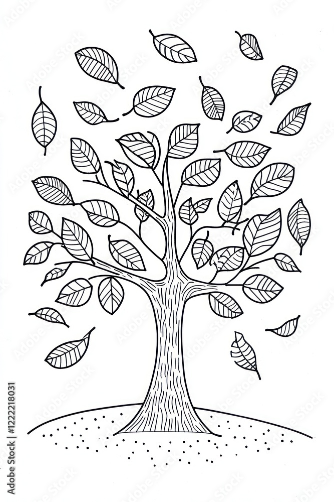 Poster a simple line drawing of a tree with leaves falling from its branches.