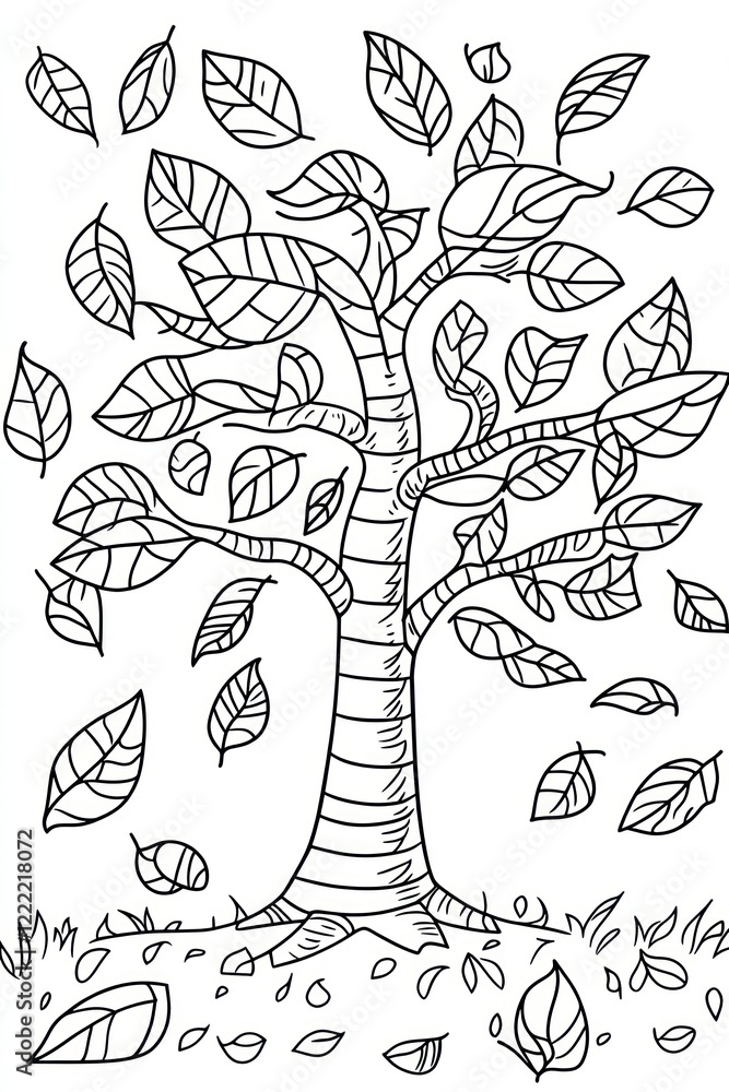 Poster a simple line drawing of a tree with leaves falling.