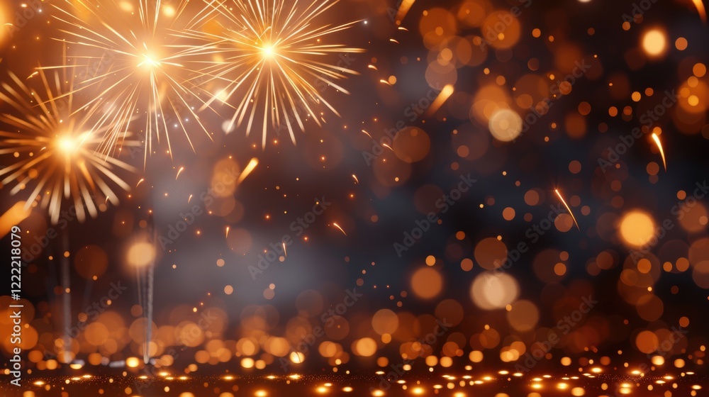 Poster a vibrant display of golden fireworks against a dark background, creating a festive atmosphere with 