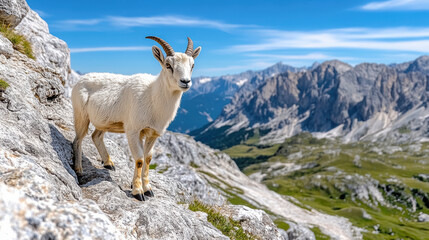 young ibex standing on rocky slope with stunning mountain backdrop