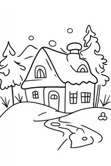 A simple line drawing of a winter cottage with snow-covered roof and trees, and a small stream in front.