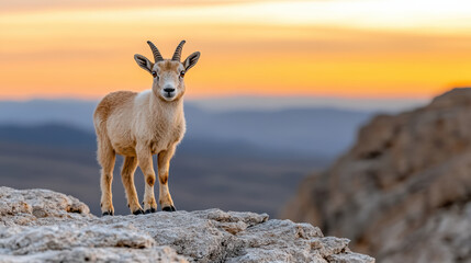 Ibex standing proudly on rocky ledge at sunset, showcasing its beauty