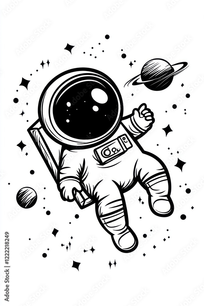 Poster a simple line drawing of an astronaut floating in space, surrounded by stars and planets.