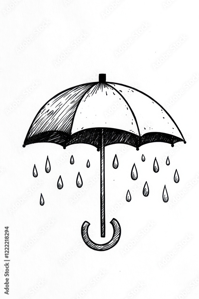 Poster a simple line drawing of an umbrella with raindrops falling from it.