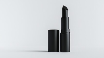 Obraz premium A single lipstick in a sleek matte black tube, standing out on a minimalist white backdrop.