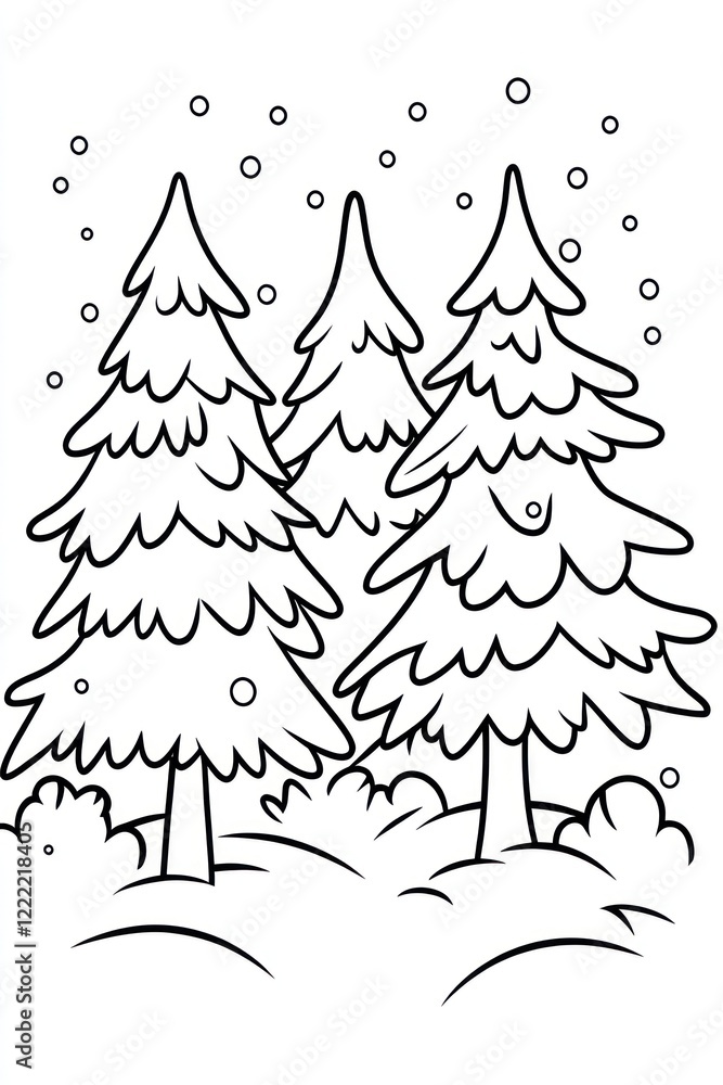 Poster a simple line drawing of three pine trees in a snowy landscape.