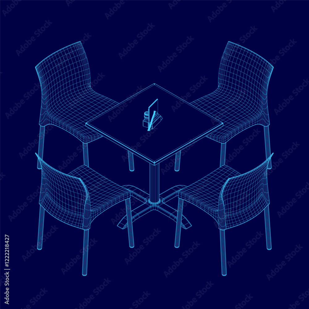 Poster blue image of a table with four chairs around it. the chairs are all different sizes and are arrange