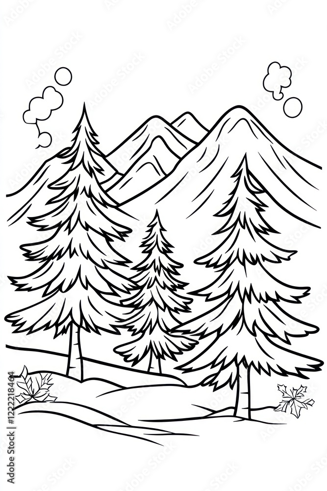 Poster a simple line drawing of three pine trees in front of a mountain range with clouds in the sky.