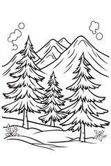 A simple line drawing of three pine trees in front of a mountain range with clouds in the sky.