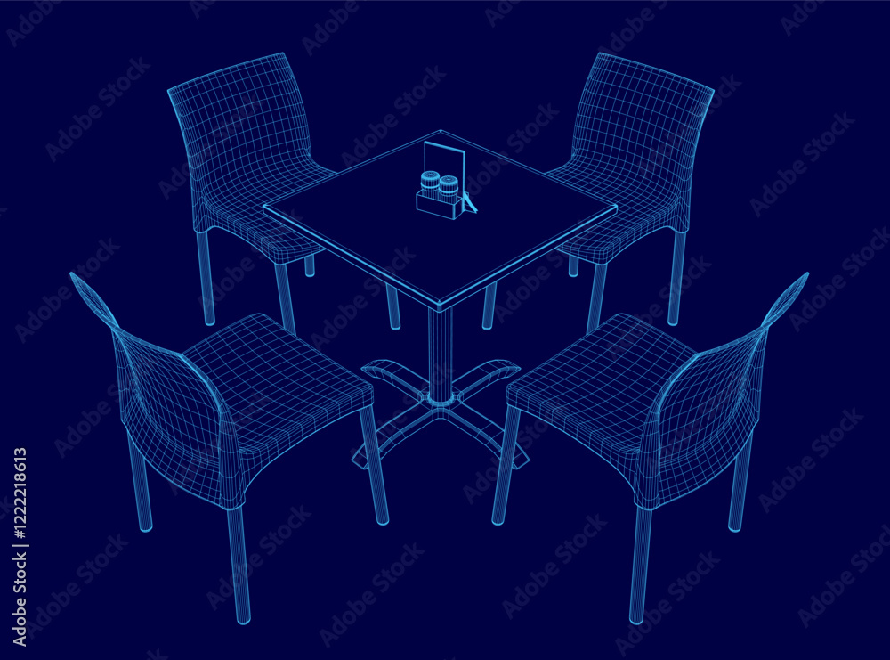 Poster blue image of a table with four chairs around it. the chairs are all different sizes and are arrange