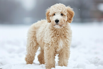 A fluffy Goldendoodle puppy standing in fresh snow with soft curls and a playful expression. Snowflakes are clinging to its fur, creating an adorable and heartwarming winter scene.  
