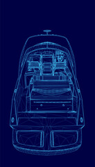 Blue image of a boat with a blue seat. The seat is empty. The boat is shown in a 3D format