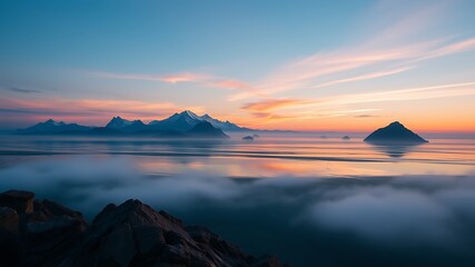 Serene sunset over misty coastal mountains and calm ocean waters, a breathtaking landscape view,