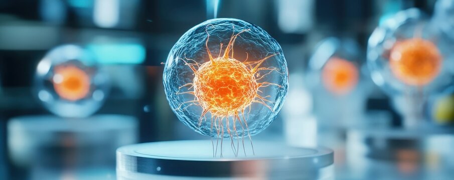 Neural precursor cells glowing in a vibrant, dynamic environment, showcasing their potential for brain development.