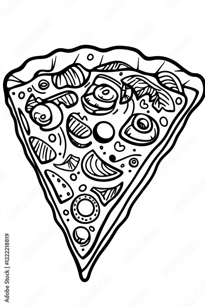 Poster a single slice of pizza with various toppings drawn in black and white.