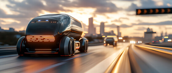 Innovative autonomous cargo trucks with glowing tech features on urban highways futuristic transport modern infrastructure dynamic sunset view