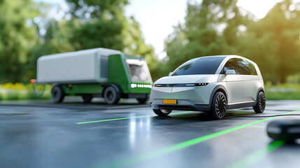 Fototapeta premium Autonomous delivery vehicles charging at renewable energy stations urban environment futuristic transportation outdoor viewpoint