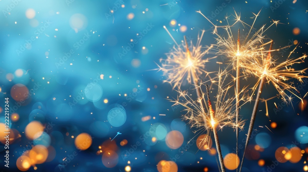Poster a vibrant display of sparklers in a blue background, creating a magical and festive atmosphere fille