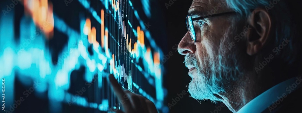 Poster senior businessman analyzing data trends on digital screen with charts and graphs in modern office e