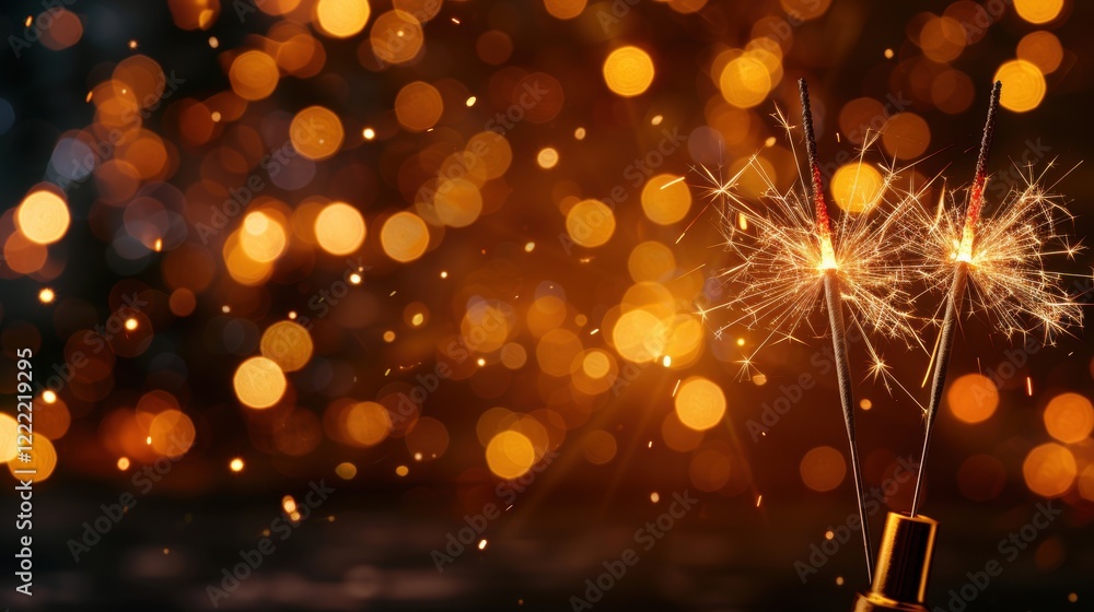 Poster two glowing sparklers amidst a bokeh background of warm, shimmering lights, creating a festive and j