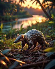  pangolin on its habitat, sunset, mountain, river, wildlife photography, Rare Animal, extinct animals