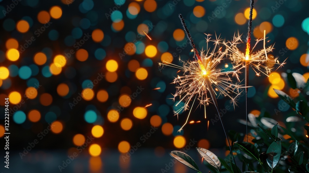 Poster glimmering sparklers illuminate a vibrant background of colorful bokeh lights, creating a festive an