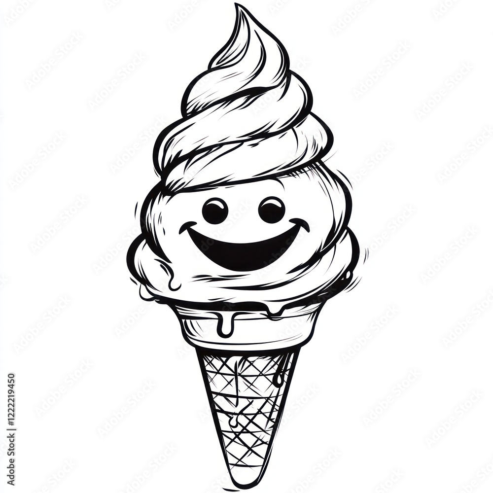 Poster a smiling ice cream cone with a swirl of soft serve and dripping ice cream.