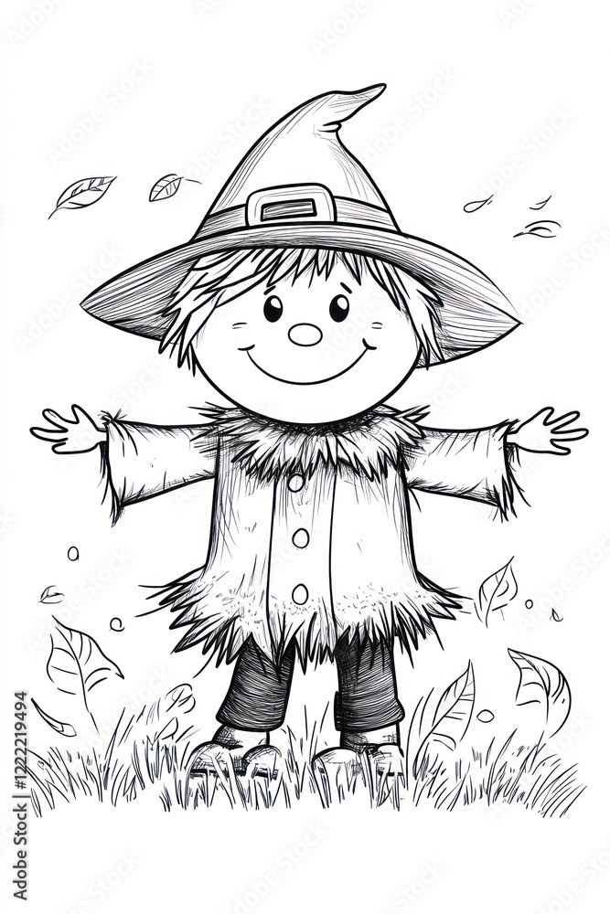 Poster a smiling scarecrow with a pointed hat standing in a field of autumn leaves.