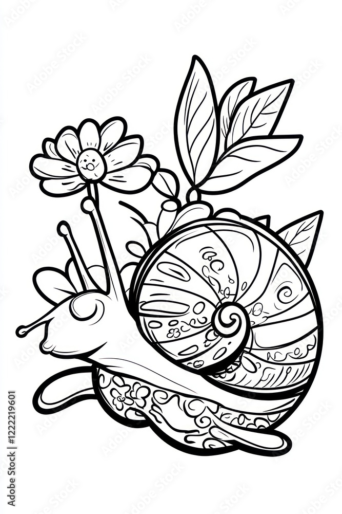 Poster a snail with detailed shell and flower in line art style.