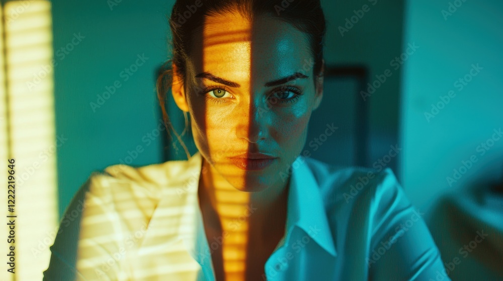 Poster woman with intense gaze illuminated by contrasting colors and shadows from window blinds in artistic