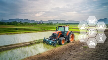 Fototapeta premium A tractor working in fields with icons of autonomous farming floating above, Highlights the integration of autonomous tractors and precision farm equipment