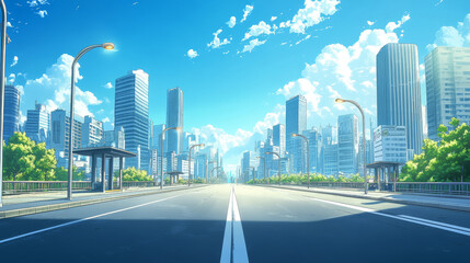 Obraz premium Straight road to modern city with high buildings, street lights and bus stops. Cartoon vector illustration of asphalt highway lead to metropolis with skyscrapers, sun on blue sky during summer day.