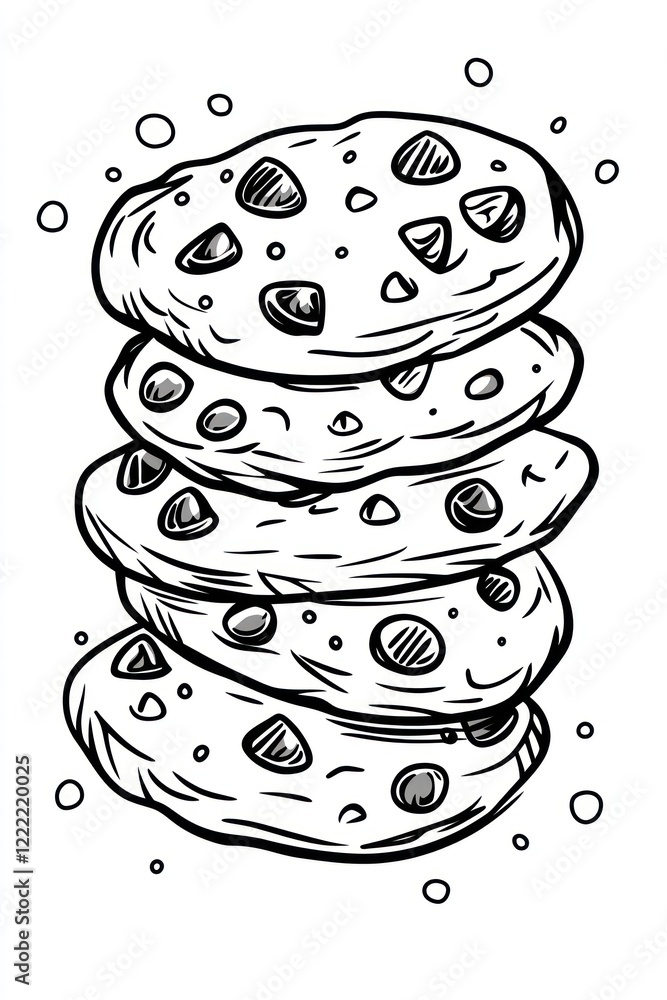 Poster a stack of four chocolate chip cookies in a simple line drawing style. (1)