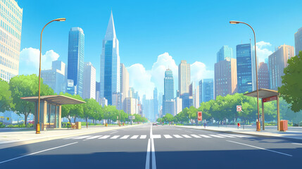 Obraz premium Straight road to modern city with high buildings, street lights and bus stops. Cartoon vector illustration of asphalt highway lead to metropolis with skyscrapers, sun on blue sky during summer day.